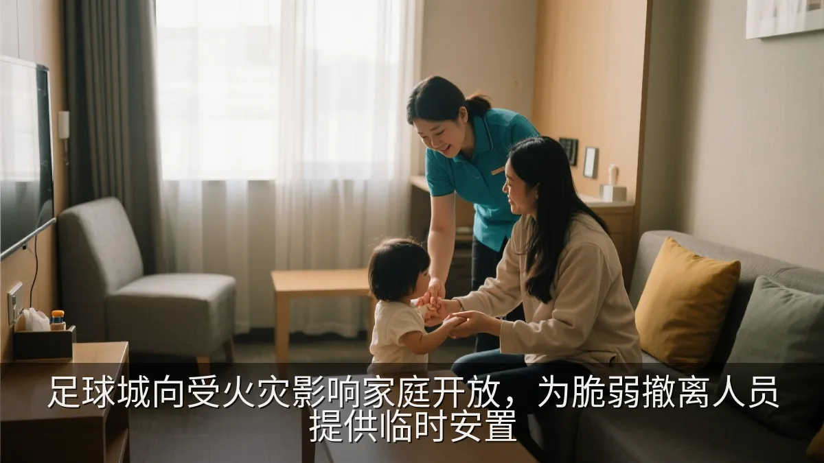 工作人员在住宿设施内为撤离家庭提供协助。