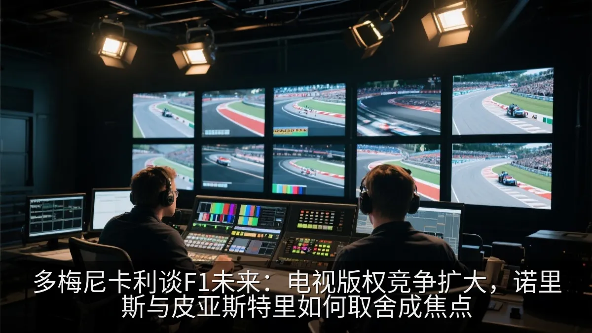 电视转播控制室内工作人员监看赛车比赛画面
